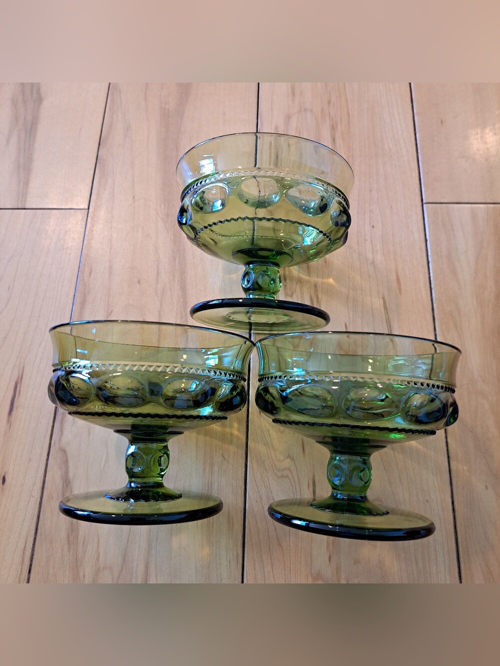 Set of 3 INDIANA GLASS KINGS Crown Olive Green Thumbprint Sherbet Dessert Dish - Picture 8 of 8